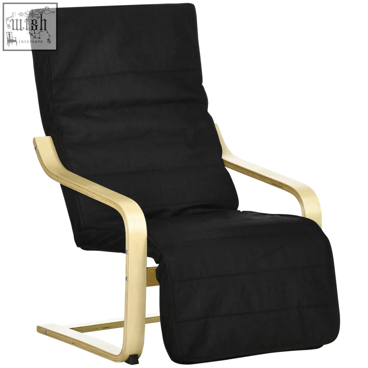 Black upholstered recliner chair with birch wood frame featuring adjustable footrest and removable cushion cover