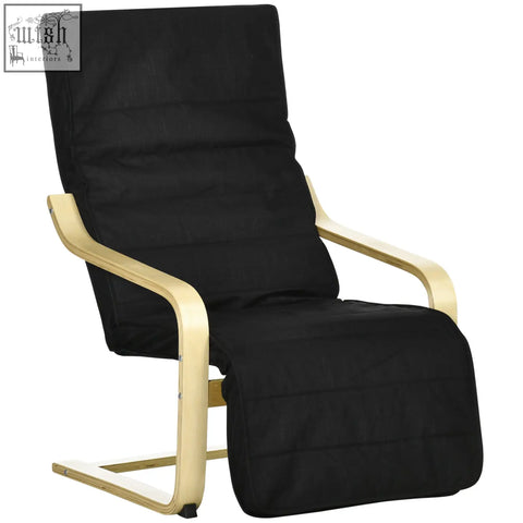 Black upholstered recliner chair with birch wood frame featuring adjustable footrest and removable cushion cover