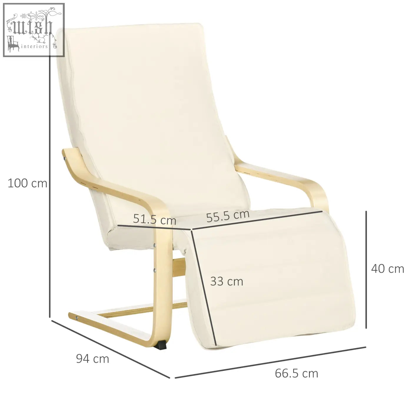 Cream-colored recliner chair with birch wood frame and padded cushions for relaxing and lounging comfort