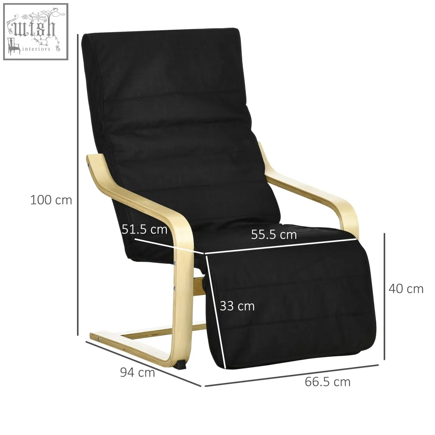 Black upholstered recliner chair with sleek curved birch wood frame and adjustable footrest for relaxing lounging