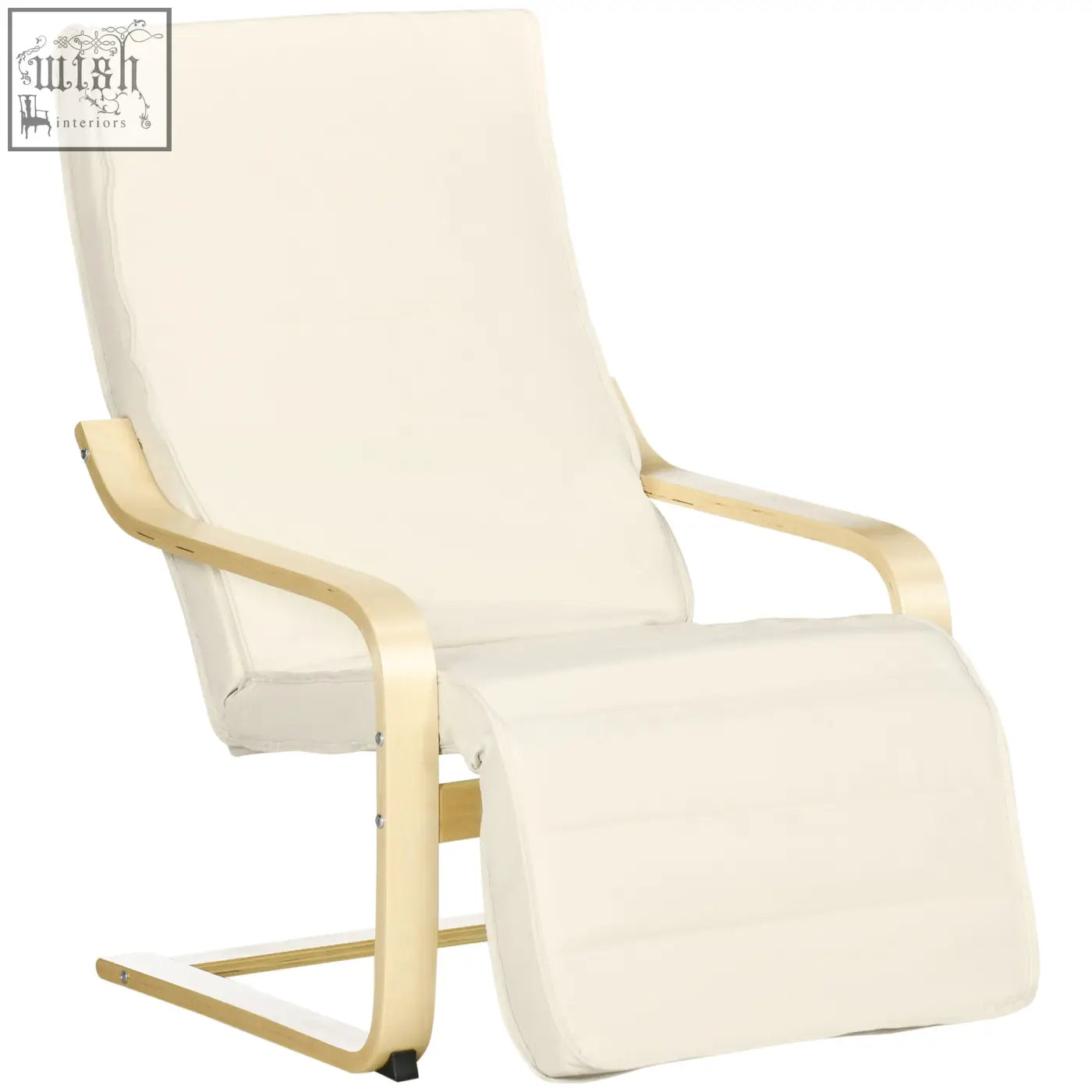 Cream-colored recliner chair with birch wood frame and removable cushion for relaxing and lounging comfortably