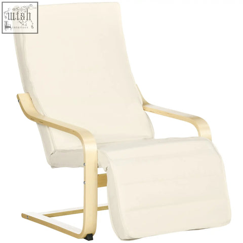 Cream-colored recliner chair with birch wood frame and removable cushion for relaxing and lounging comfortably