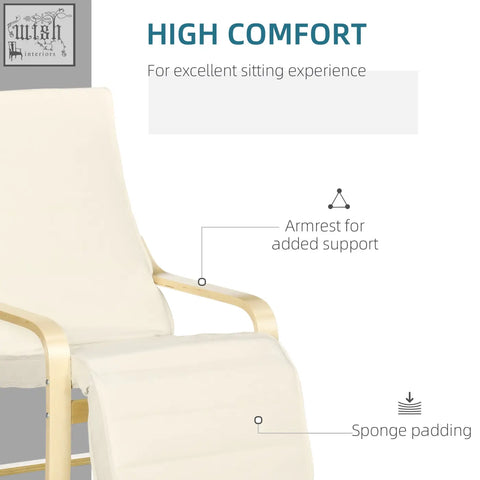 Cream-colored upholstered armchair with birch wood frame and sponge padding for high comfort and relaxing lounging
