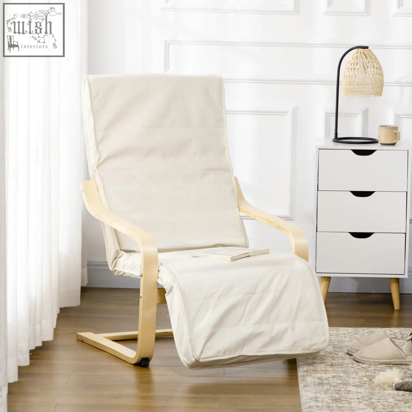 Cream-colored fabric recliner with birch wood frame and curved armrests from homcom lounging chair with footrest