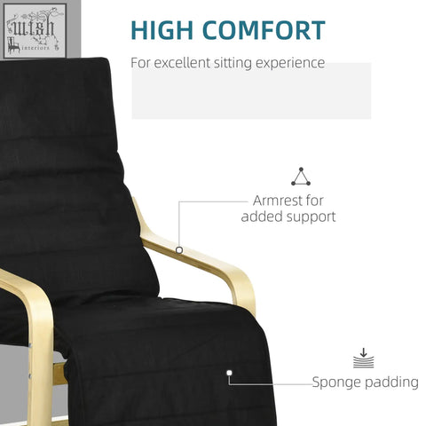 Black upholstered lounging chair with birch wood frame and curved armrests perfect for deck relaxing and reclining