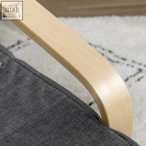 Light-colored birch wood armrest with smooth curved design on dark grey fabric of homcom reclining lounge chair