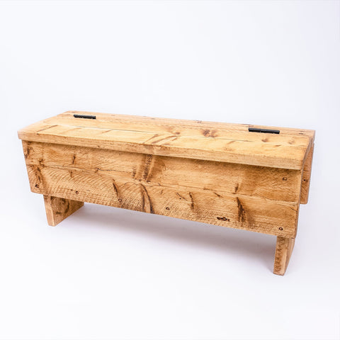 Home blanket box made of reclaimed wood with natural light brown finish and black metal hinges free uk delivery