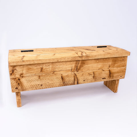Home blanket box made of reclaimed wood with natural light brown finish and black metal hinges free uk delivery