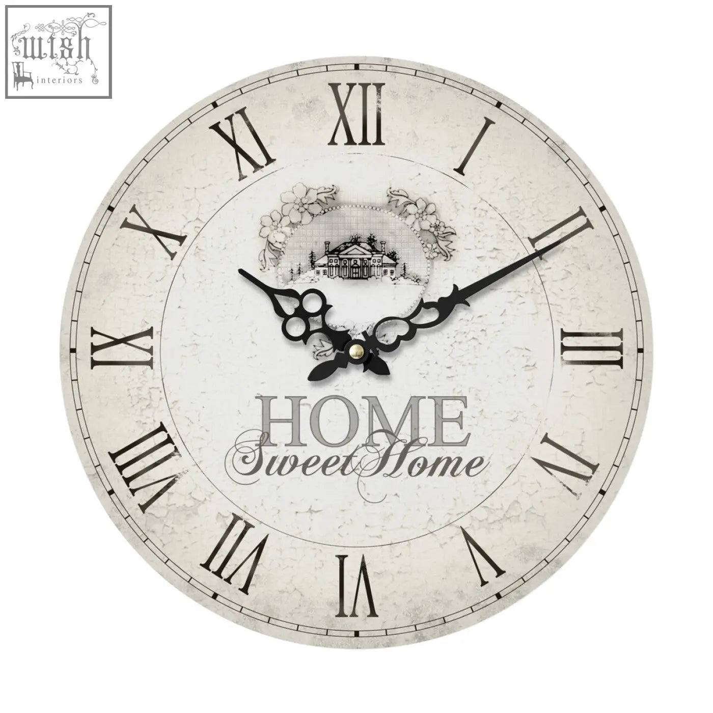Vintage-style home sweet home wall clock with distressed off-white face black roman numerals and ornate hands