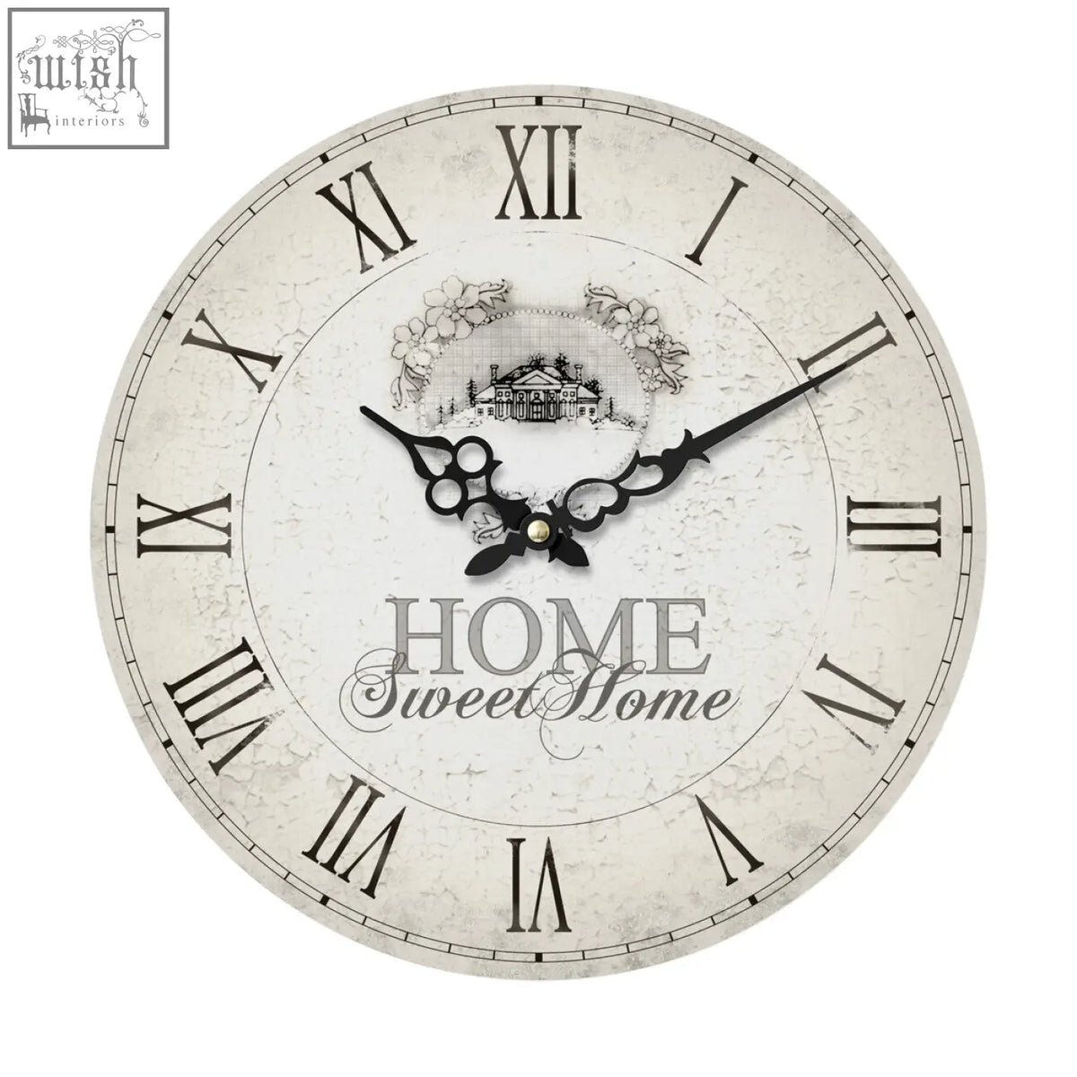 Vintage-style home sweet home wall clock with distressed off-white face black roman numerals and ornate hands