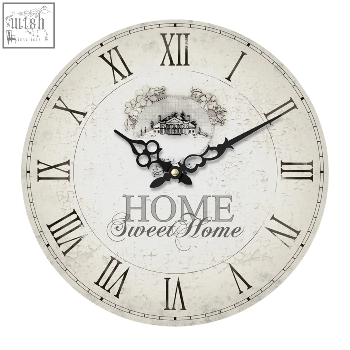 Vintage-style home sweet home wall clock with distressed off-white face black roman numerals and floral house design