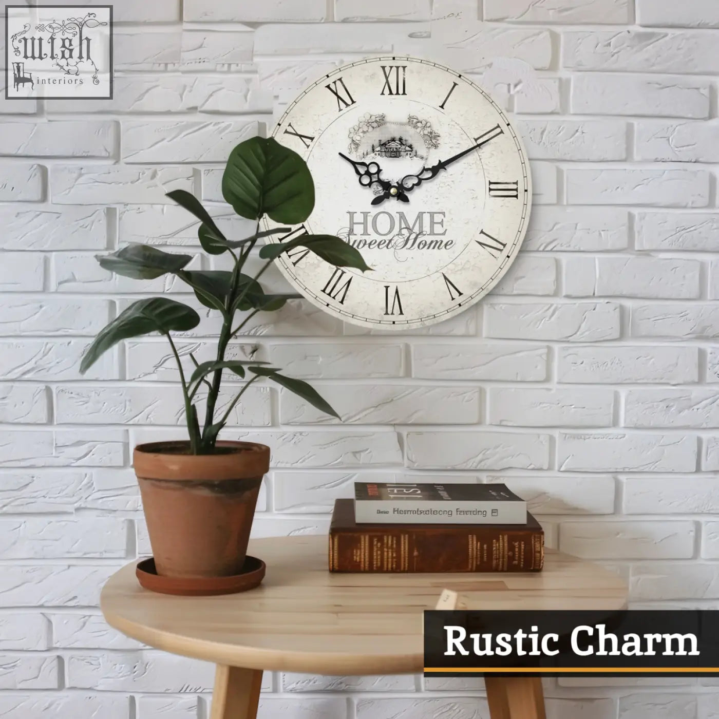 Vintage-style home sweet home wall clock with distressed white face black roman numerals and ornate hands