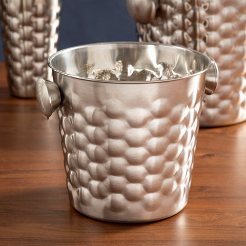Silver hammered metal honey bee ice bucket with two handles perfect for chilling champagne or drinks