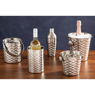 Silver hammered finish honey bee ice bucket set with handles in various sizes including one holding a wine bottle