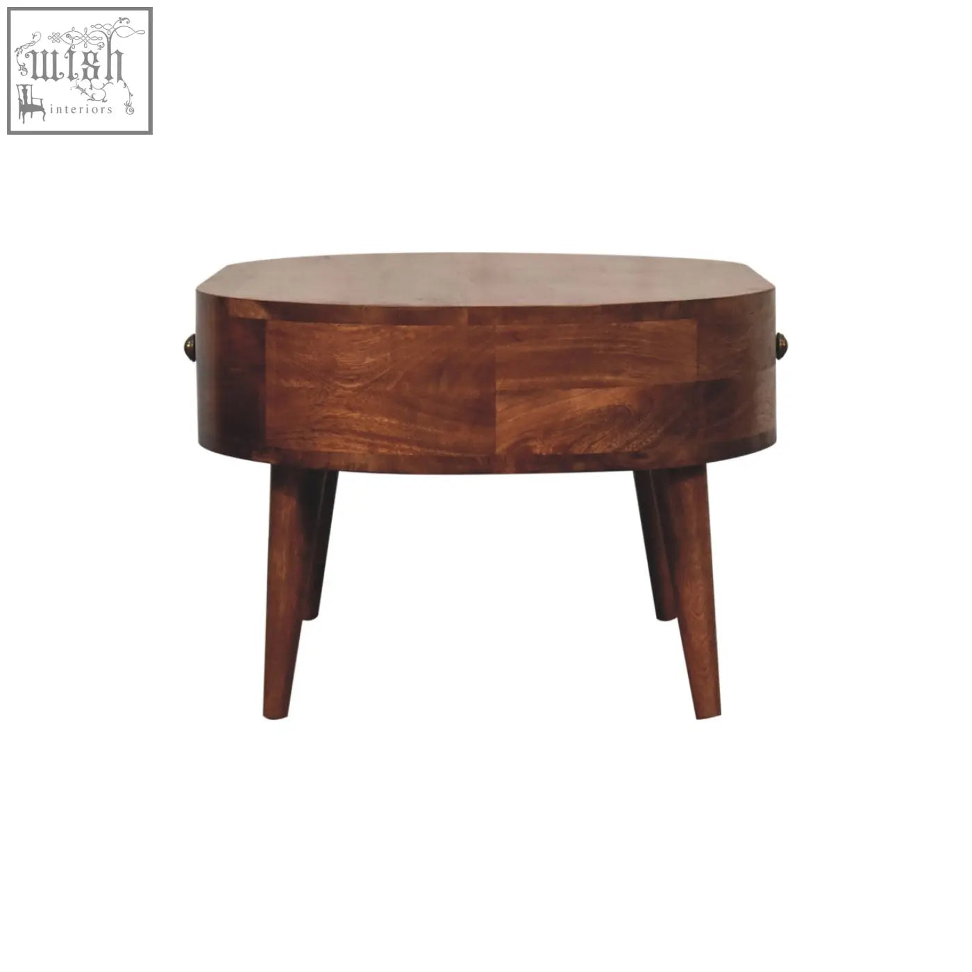 A sleek oval wooden coffee table with honey caramel finish and tapered legs perfect for any living room