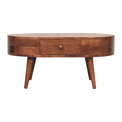 A warm brown wooden coffee table with tapered legs and a drawer in a honey caramel finish