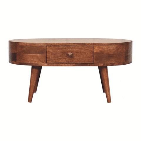 A warm brown wooden coffee table with tapered legs and a drawer in a honey caramel finish
