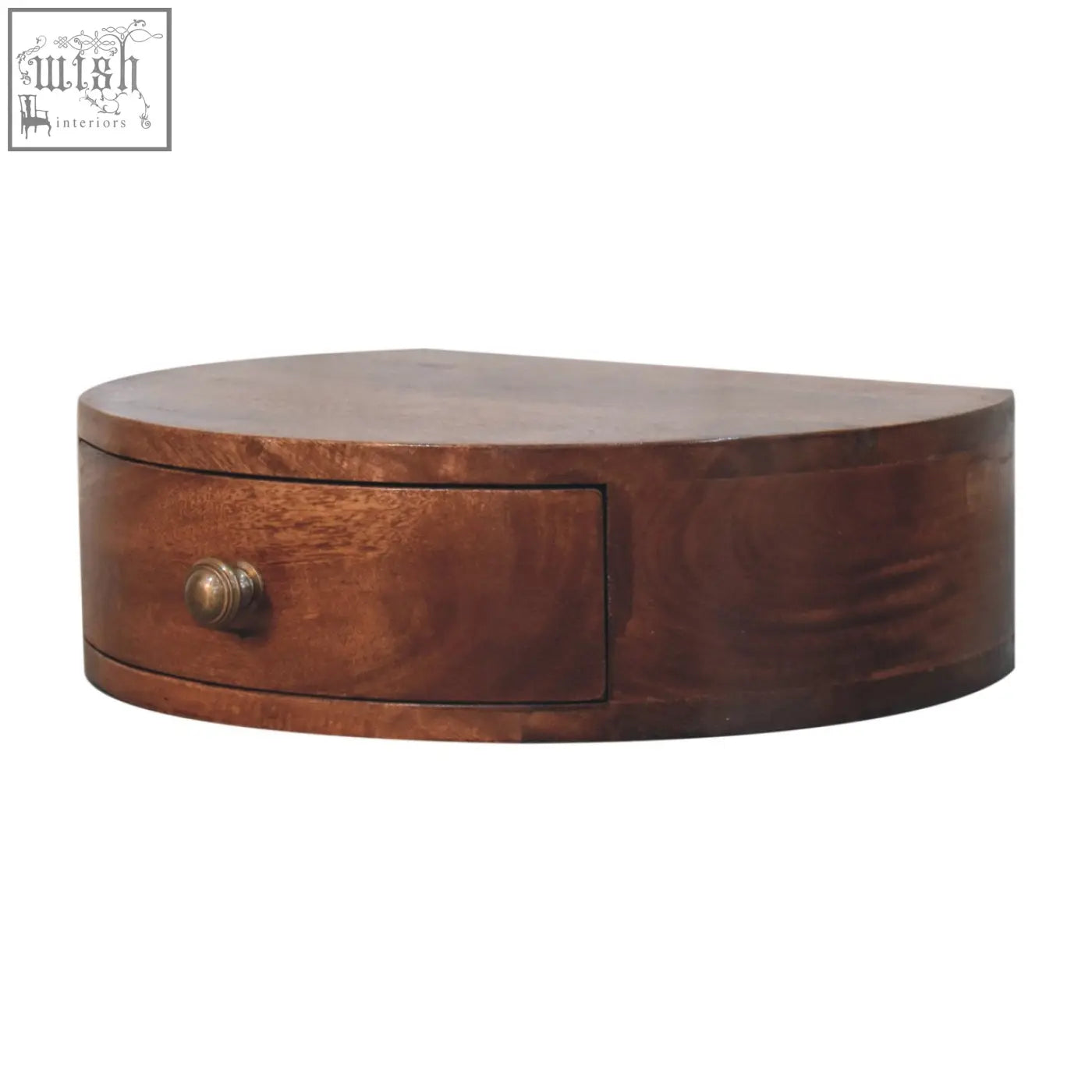 A honey caramel finish rounded bedside table drawer made of polished wood with a brass knob and subtle grain patterns