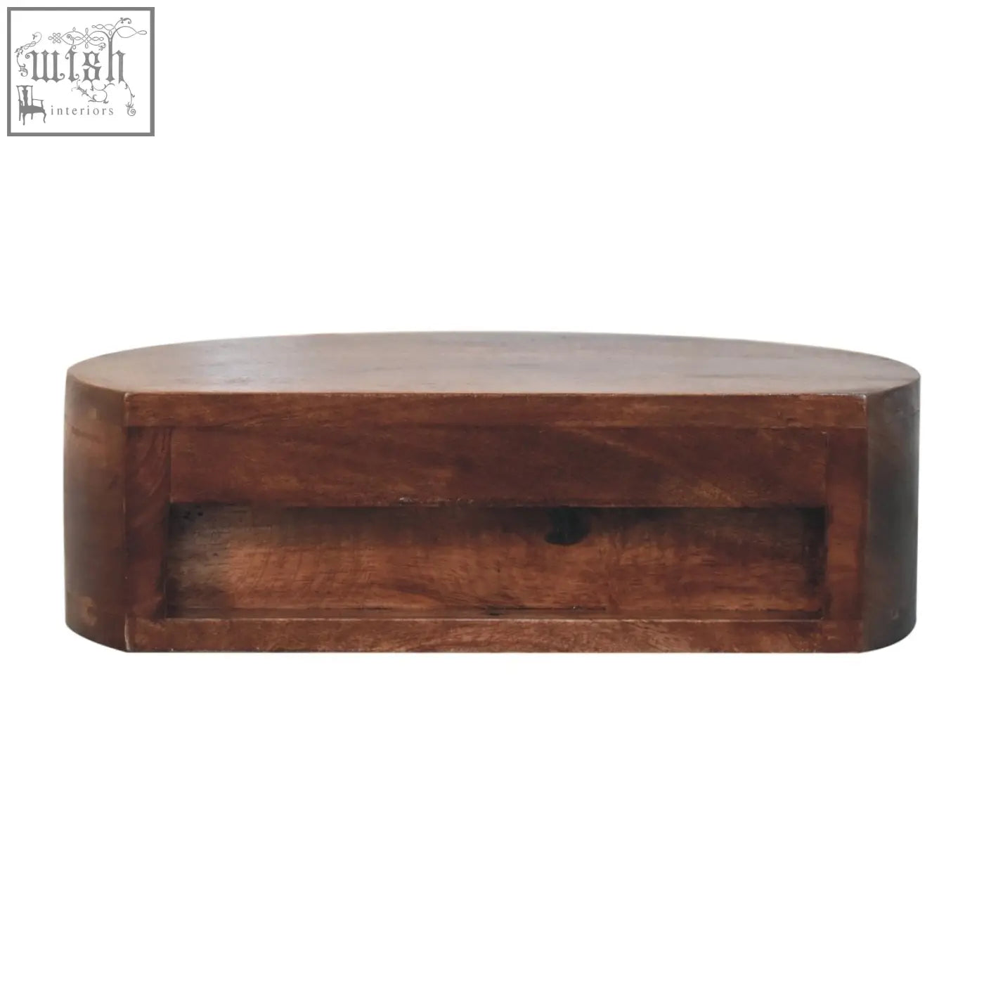A rustic honey caramel finish wooden wall-mounted rounded bedside table with a single drawer and visible wood grain