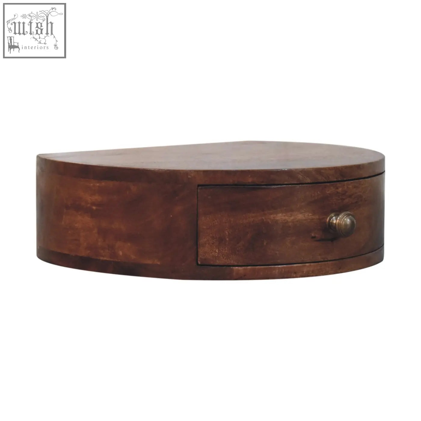A rustic honey caramel finish rounded bedside table with an oval wooden box drawer and brass knob wall mounted