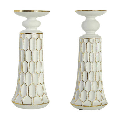 Pair of white small candle holders with gold hexagonal detailing and flared base perfect for small candles