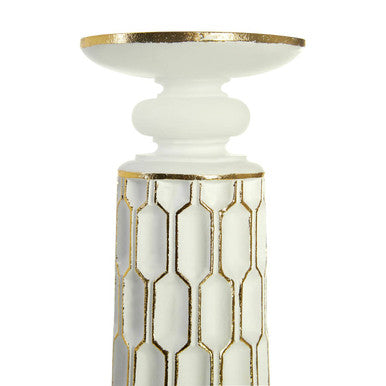 White frosted glass small candle holder with gold geometric detailing and a gold rim for small candles