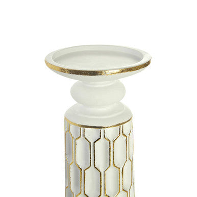 White frosted glass small candle holder with gold hexagonal honeycomb pattern and gold rim perfect for small candles