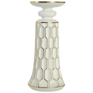 White small candle holder with gold trim and hexagonal honeycomb pattern perfect for small candles