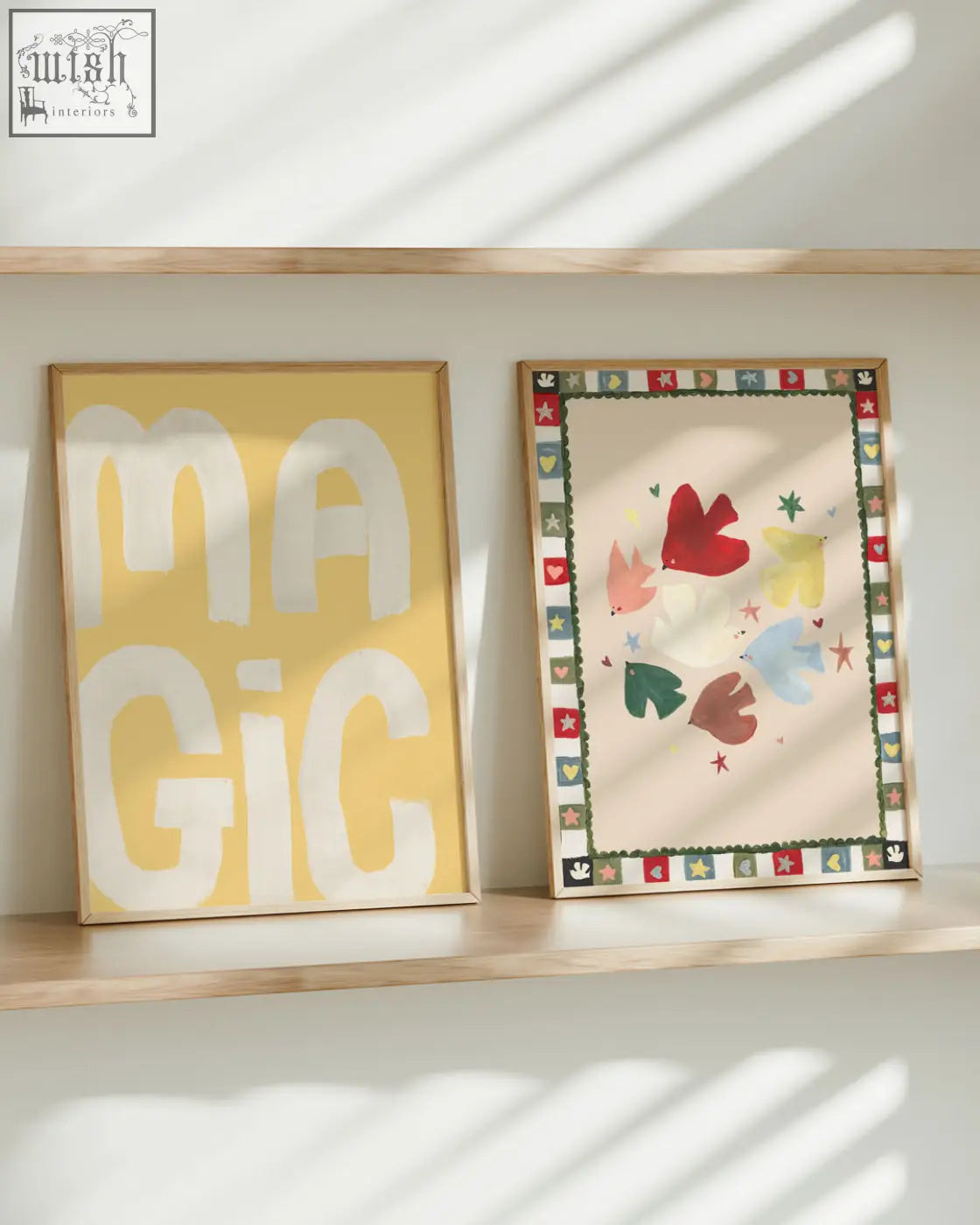 Yellow framed hope bird art print with bold white magic lettering and scandi folk border design