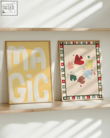 Yellow framed hope bird art print with bold white magic lettering and scandi folk border design