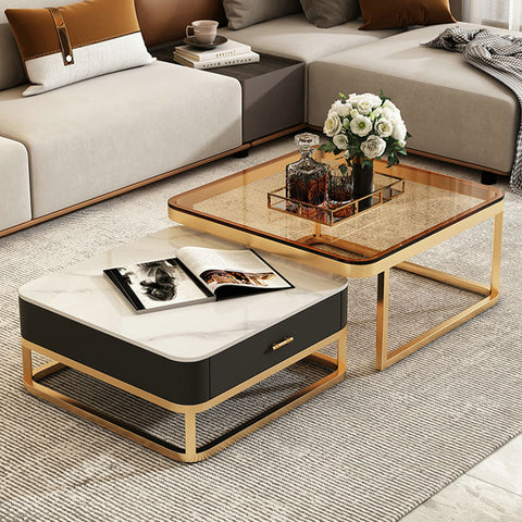 Modern horace square coffee table with white marble top black base and gold metal frame in tan and white