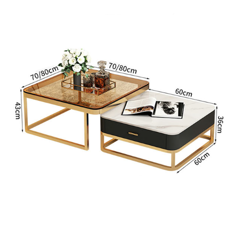 Modern horace square coffee table with gold frame glass top and tan white marble surface perfect for living rooms