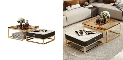 Modern horace square coffee table with marble top tan white finish black gold frame and glass side panels