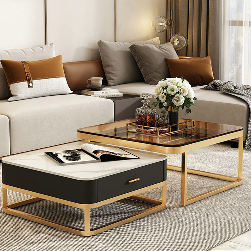 Modern horace square coffee table with white marble top black base and gold metal frame in tan and white colors
