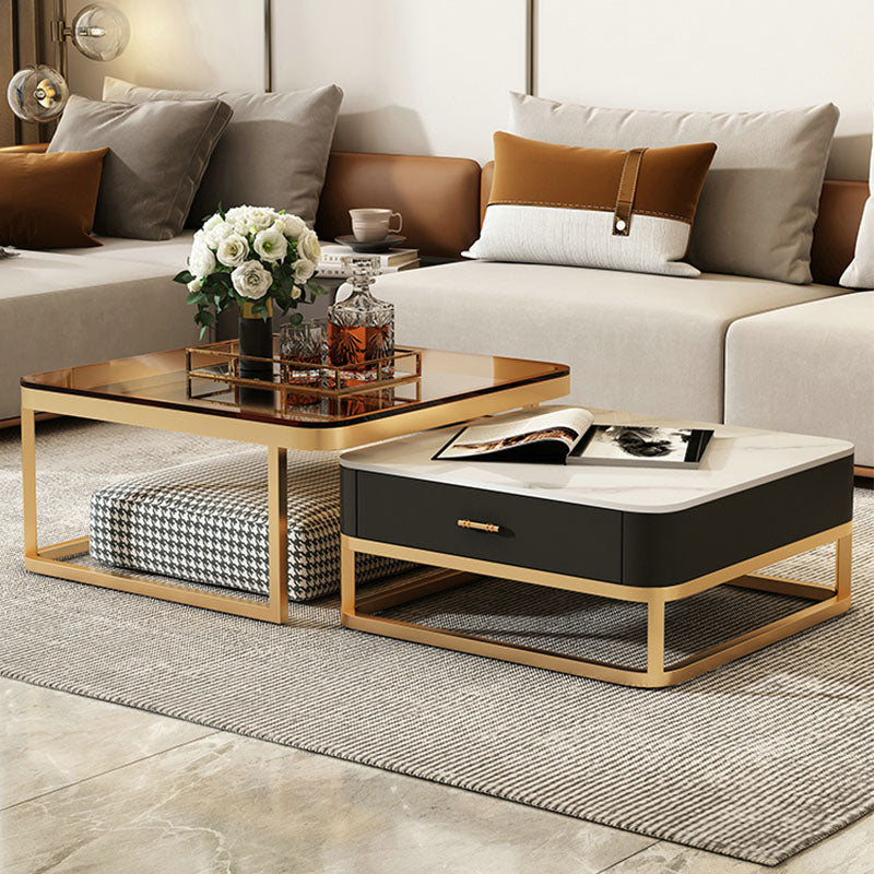 Modern horace square coffee table with sleek gold metal frame black marble top in tan and white colors