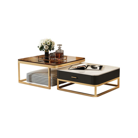 Horace square coffee table with sleek gold metal frame mirrored top and black marble lower section in tan and white