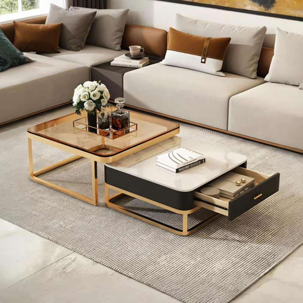 Modern horace square coffee table with gold frame glass top and white marble lower tier with open drawer tan and white