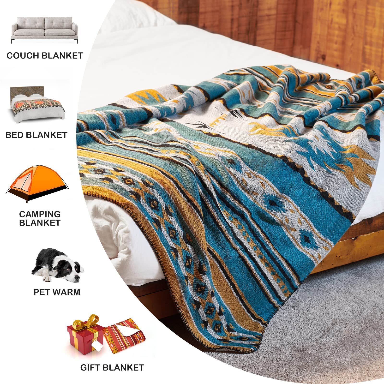 Cozy horimote home aztec soft sherpa throw blanket with teal mustard white black geometric tribal pattern on bed