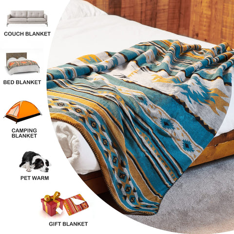 Cozy horimote home aztec soft sherpa throw blanket with teal mustard white black geometric tribal pattern on bed