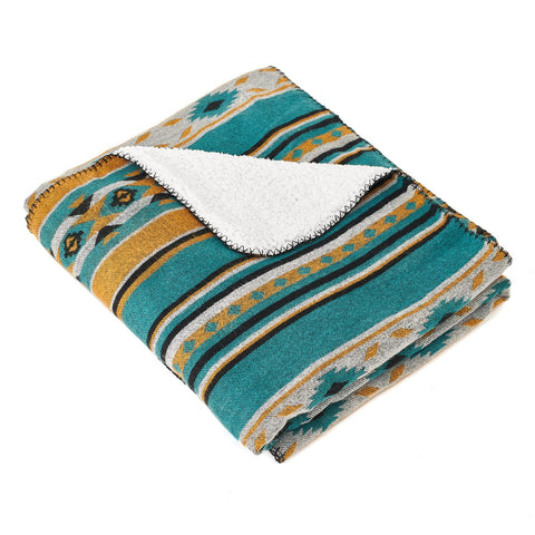 Folded horimote home aztec patterned soft sherpa throw blanket with teal mustard yellow black stripes and white fleece interior