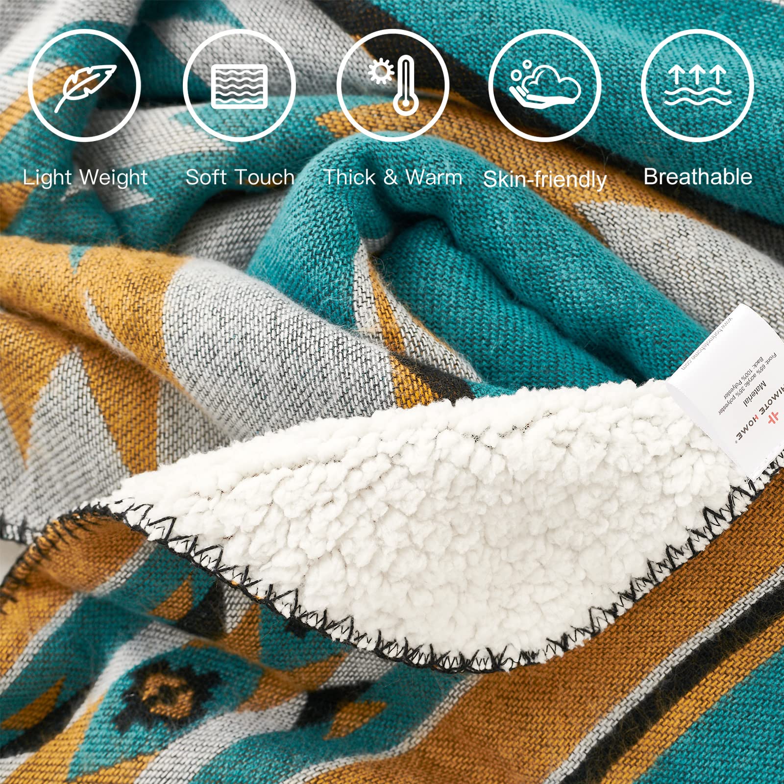 Horimote home aztec patterned soft sherpa throw blanket with teal mustard yellow gray geometric design and plush lining