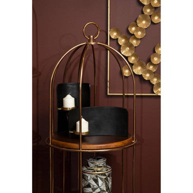 Gold-toned metal horizon 3 tier small cage design shelf unit with wooden base and tiered shelves for storage