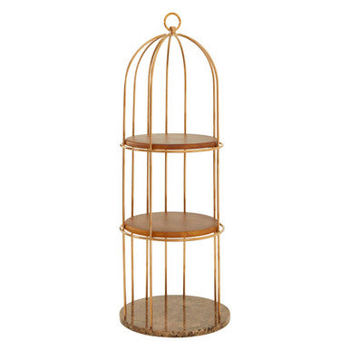Gold-toned metal small cage design shelf unit with three tiers and round wooden shelves for display and storage