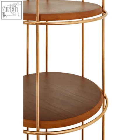 Gold-toned large cage design shelf unit with two circular wooden shelves in a stylish modern design shelf unit
