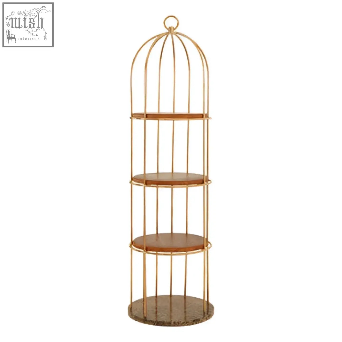 Gold-toned metal large cage design shelf with four wooden circular tiers in a horizon 4 tier design shelf unit