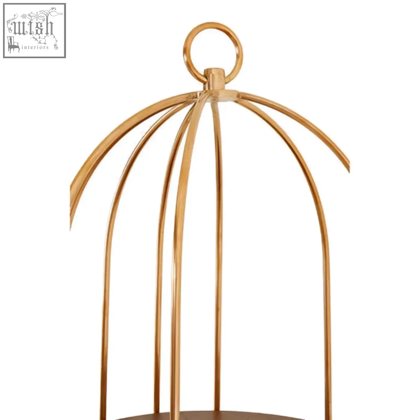 Gold-colored metal birdcage with a circular handle and dome shape in large cage design shelf unit for stylish storage