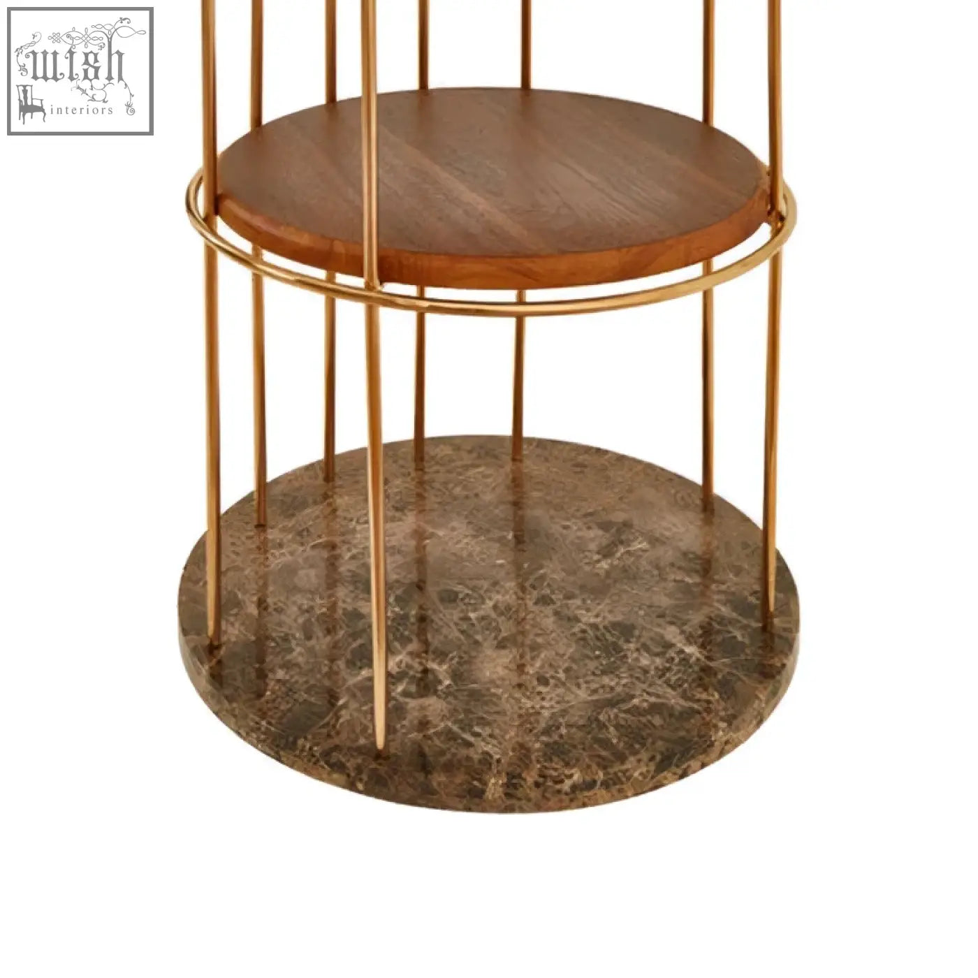 Gold-toned metal frame large cage design shelf unit with two circular wooden shelves and marble base