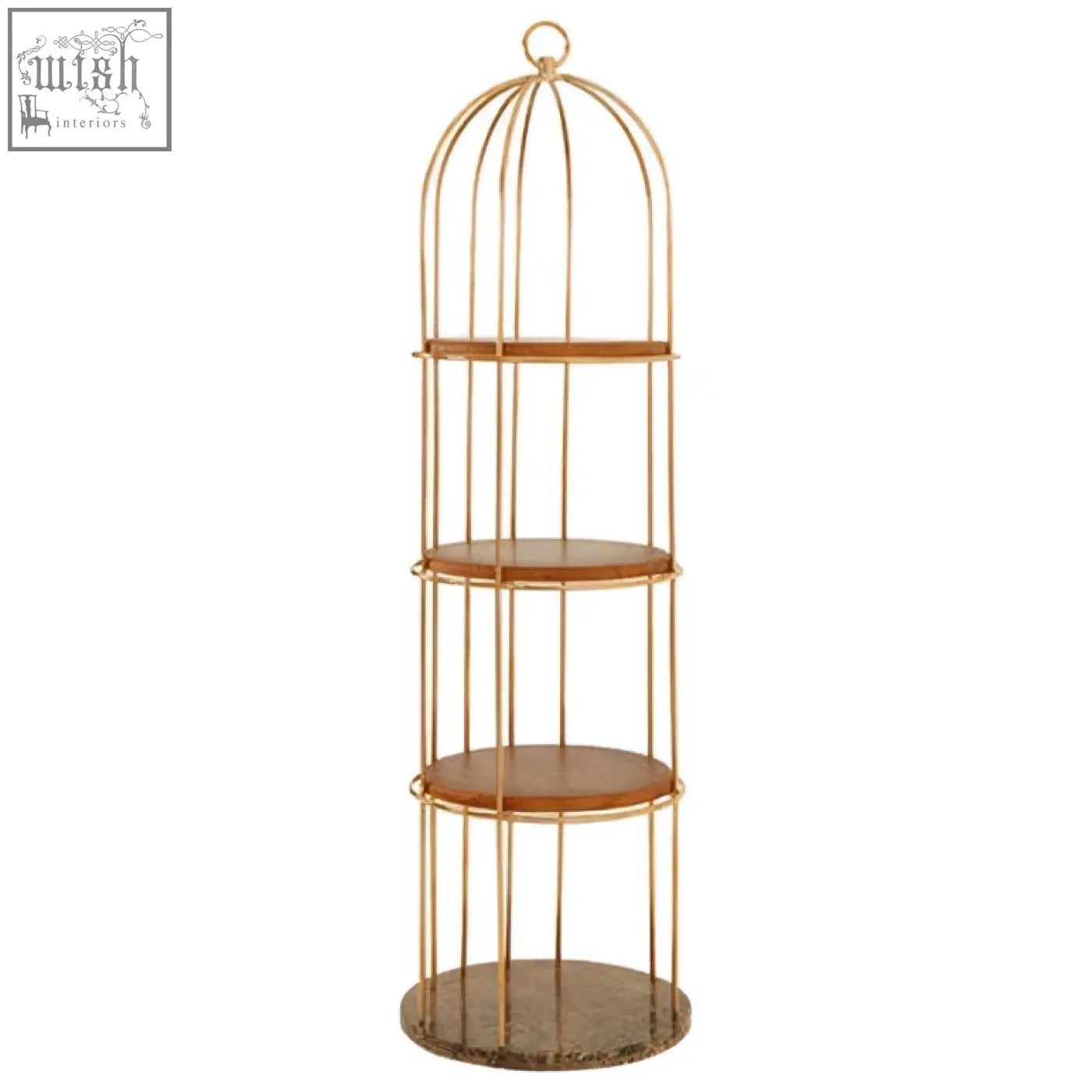Gold-toned metal large cage design shelf with four wooden tiers in the horizon 4 tier large cage design shelf unit