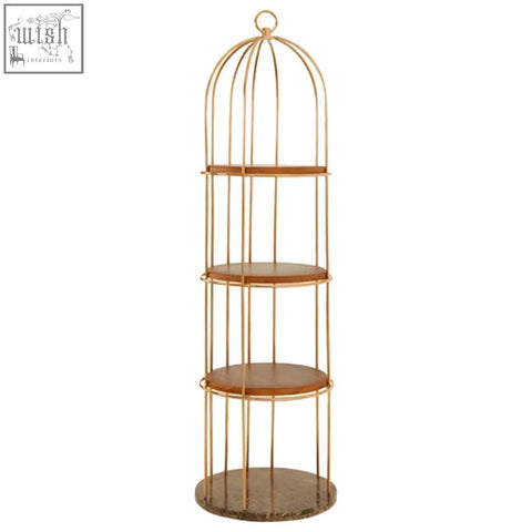 Gold-toned metal large cage design shelf with four wooden tiers in the horizon 4 tier large cage design shelf unit