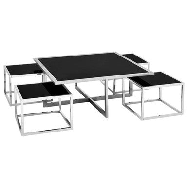 Modern horizon silver coffee table set with black glass top and chrome frame including matching side tables